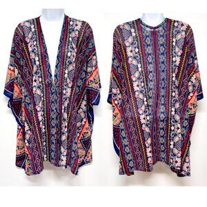 Bohemian Boho Chic Print Kimono Semi Sheer Cover Up Open Front Top Ember Small